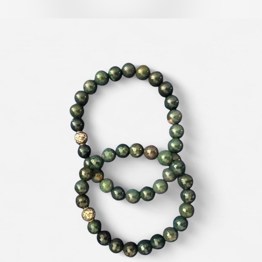 NWOT Set (2) with box Dark Green & Gold Beaded Bracelet
